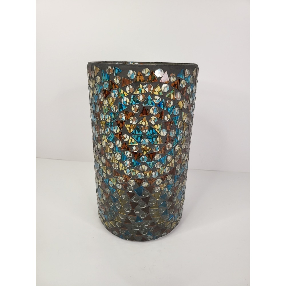Mosaic Glass Cylinder Vase Blue Amber Gold‎ Geometric Tile Candle Holder 8in